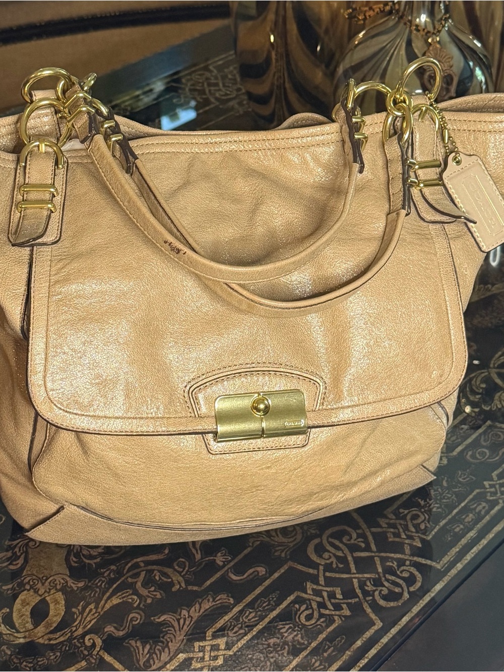 Coach Beige Leather Shoulder Bag with Gold Hardware